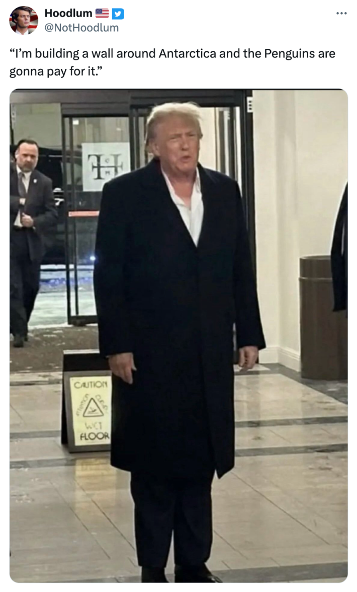 “I’m building a wall around Antarctica and the Penguins are gonna pay for it.” with a photo of Trump looking disheveled.