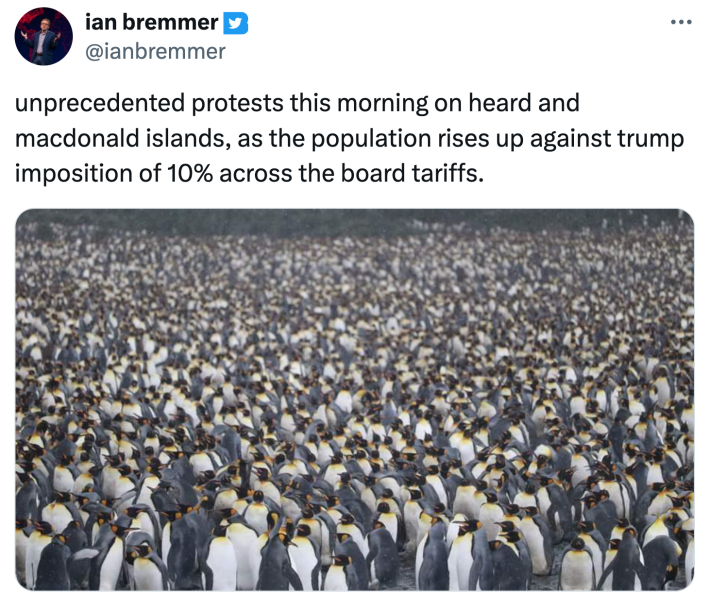 "unprecedented protests this morning on heard and macdonald islands, as the population rises up against trump imposition of 10% across the board tariffs." with a photo of thousands of penguins.