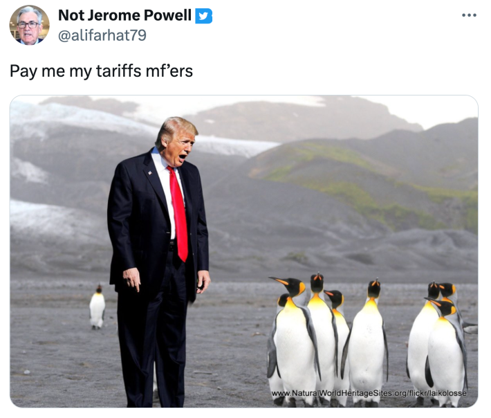 Meme of Trump yelling at penguins, "Pay me my tariffs mf’ers"