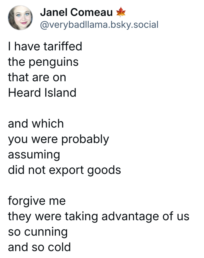 Poem about tariffing the penguins on Heard Island.