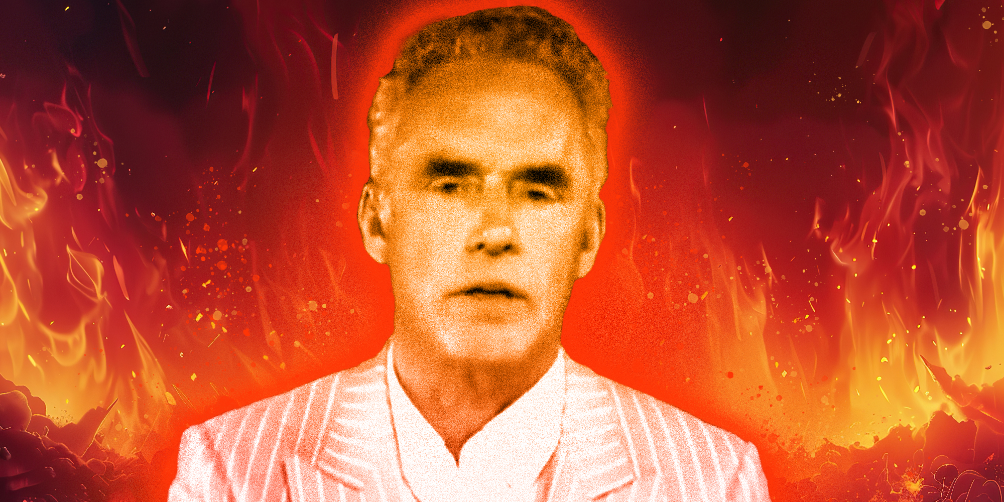 A photo collage of a person in a fiery background.