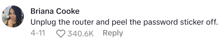 TikTok comment that reads, "Unplug the router and peel the password sticker off."