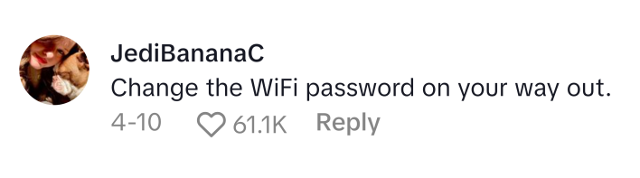 TikTok comment that reads, "Change the WiFi password on your way out."
