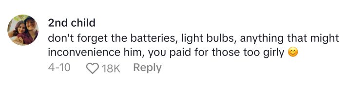TikTok comment that reads, "don't forget the batteries, light bulbs, anything that might inconvenience him, you paid for those too girly"