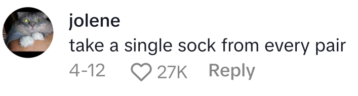 TikTok comment that reads, "take a single sock from every pair"