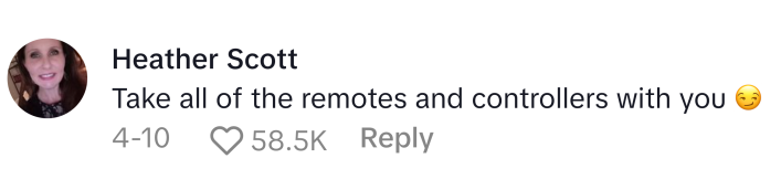 TikTok comment that reads, "Take all of the remotes and controllers with you (smirk emoji)"