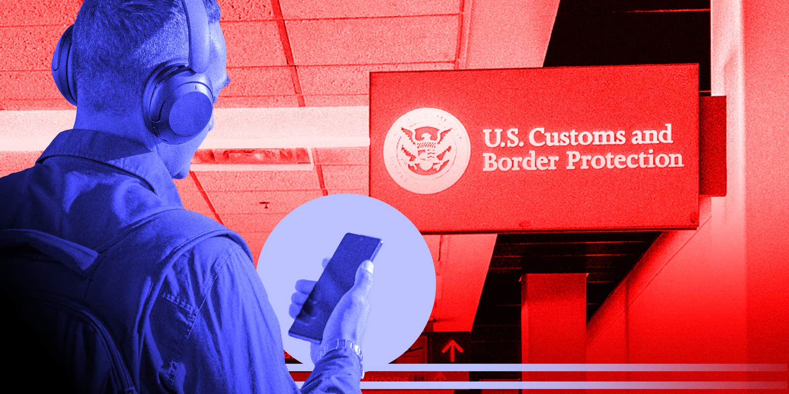 Photo collage of a person approaching US Customs checkpoint.