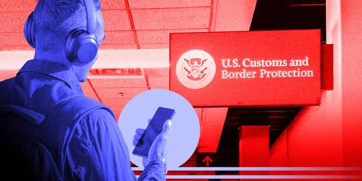 Photo collage of a person approaching US Customs checkpoint.