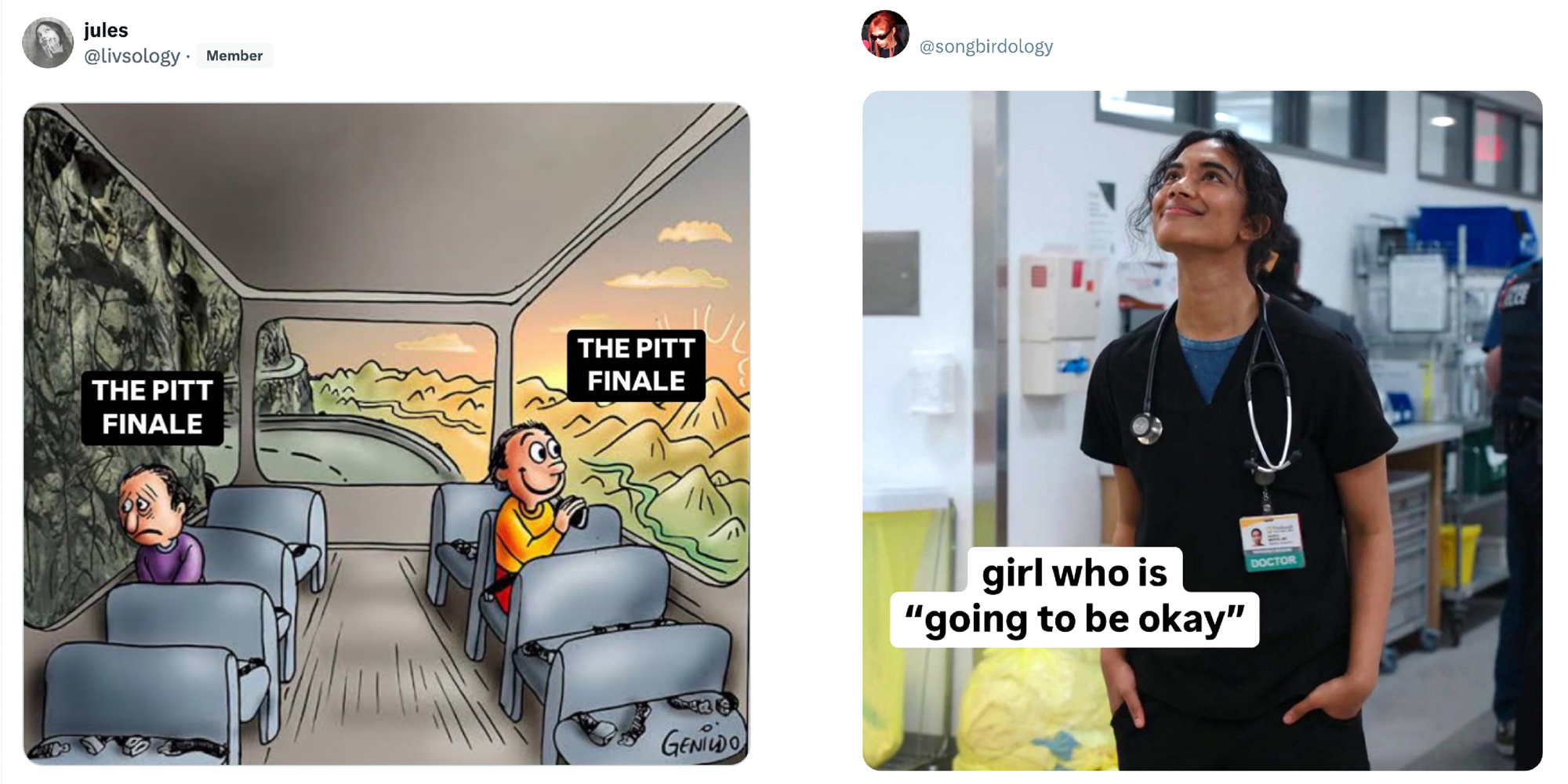 2 panel image showing two memes based on The Pitt television show finale.