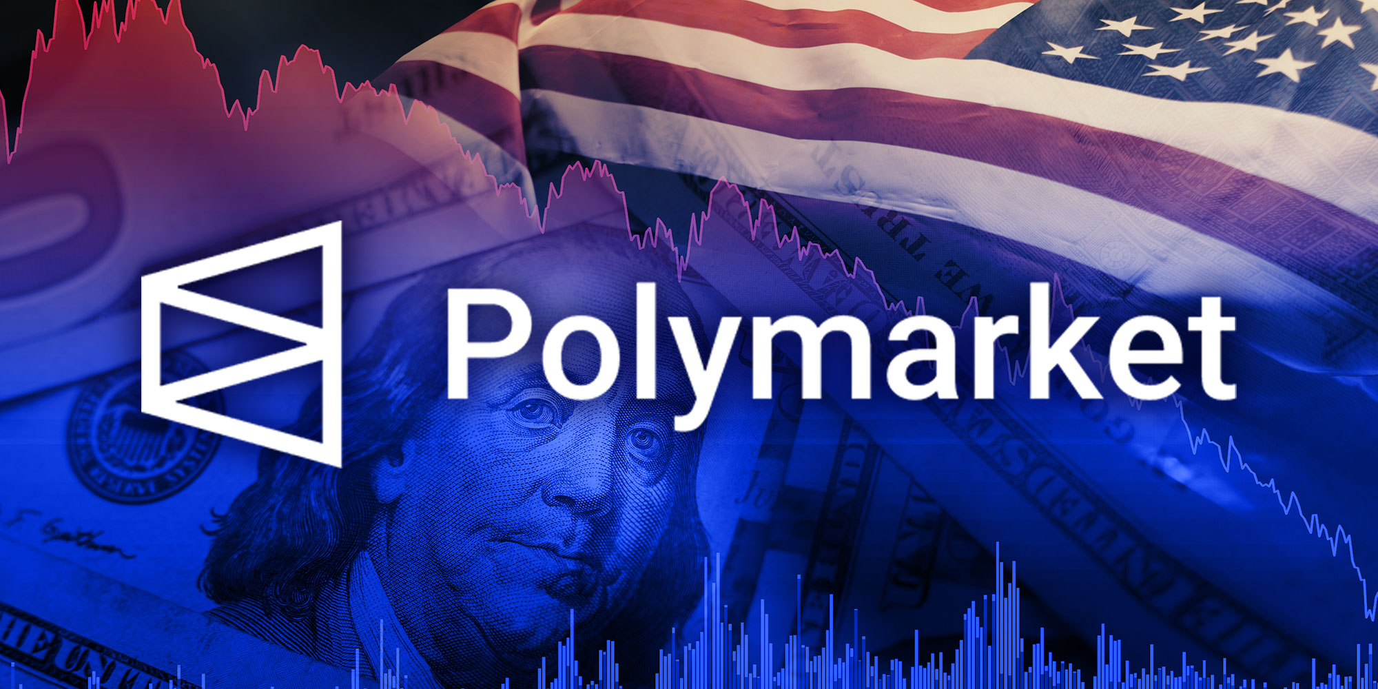 Photo Composite of the Polymarket logo over a composite of a downward stock arrow, a $100 bill and the American Flag