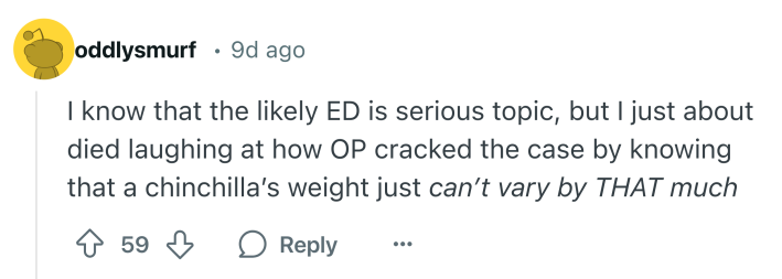 Reddit comment that says, "I know that the likely ED is serious topic, but I just about died laughing at how OP cracked the case by knowing that a chinchilla’s weight just can’t vary by THAT much"