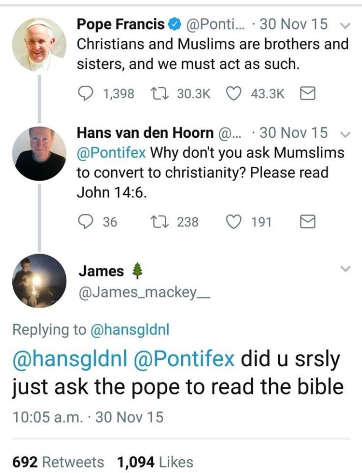 Interaction on X, formerly Twitter, of someone telling Pope Francis to read the Bible. Posted as a memorial.