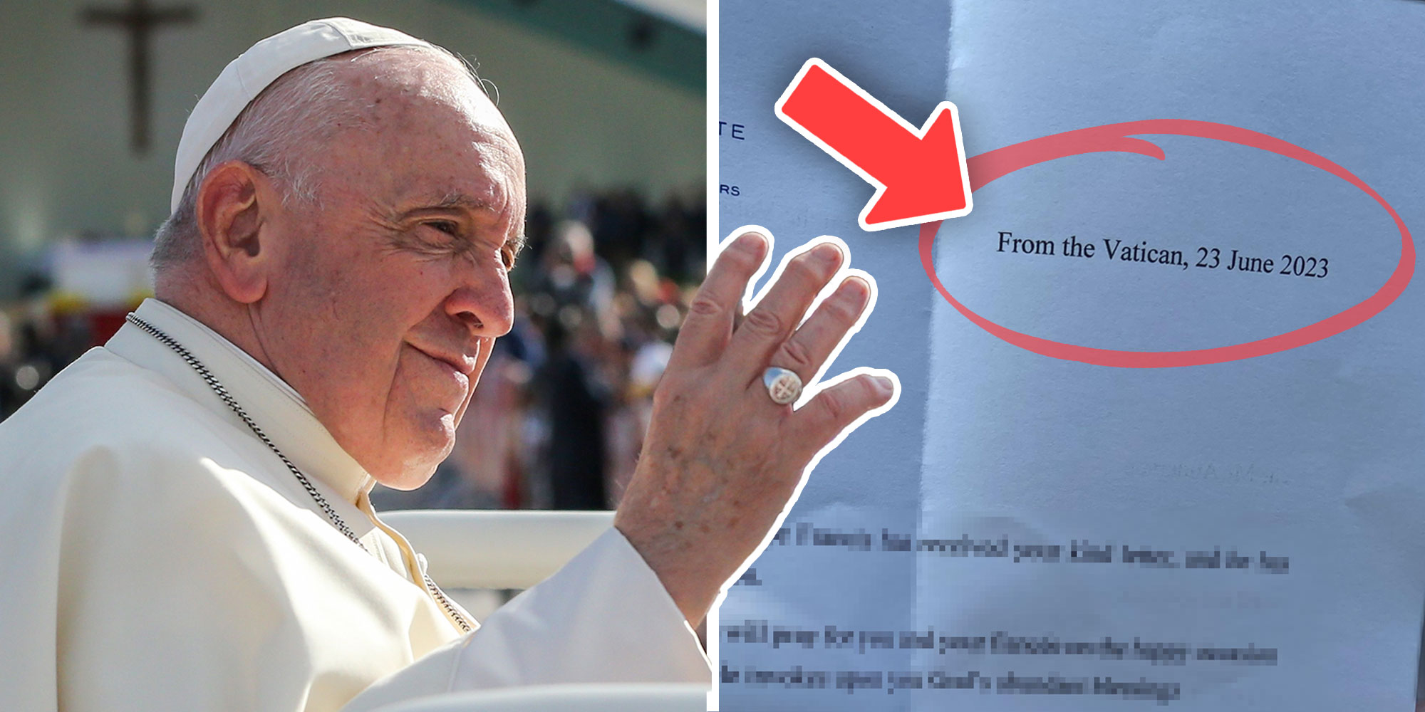 Left: Photo of Pope Francis; Right: Screenshot of reddit user u/Misther__'s letter from the Vatican.