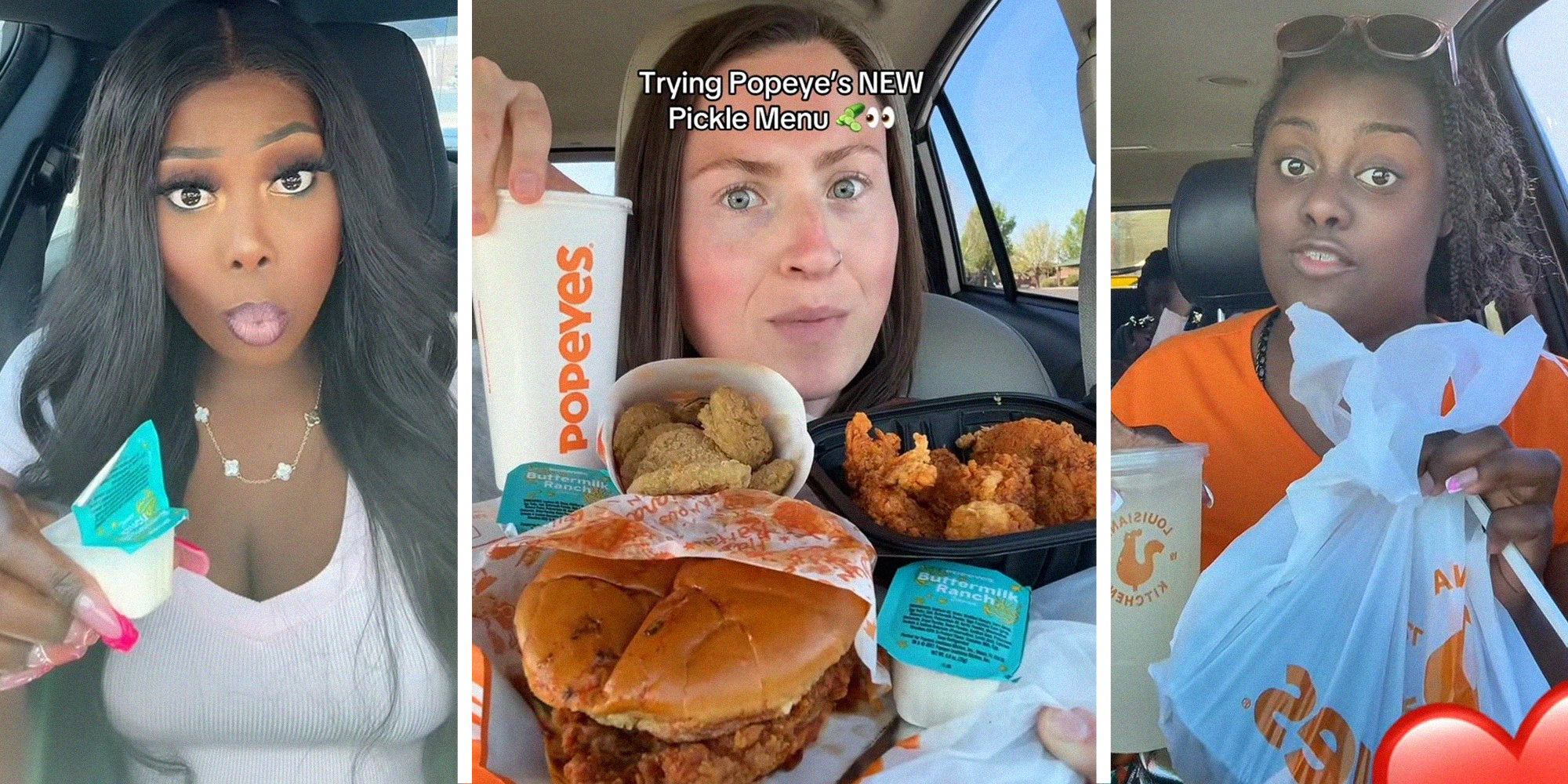 woman looking shocked(l) Woman holding up popeyes new pickle menu(c0 Woman holds up take out bag from popeyes(r)