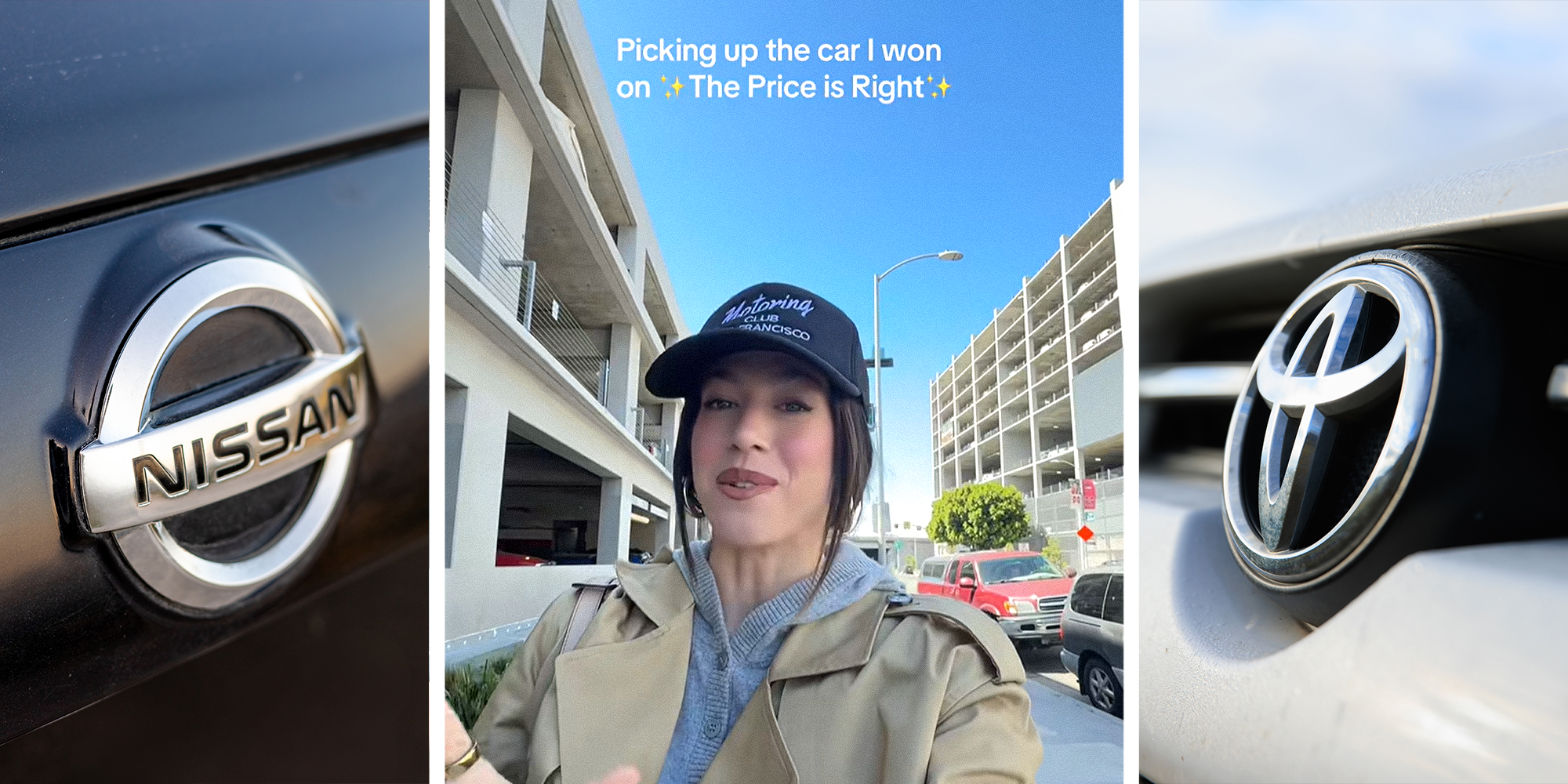 3 panel split. Nissan on car on left. Woman with caption that reads: "Picking up the car I won on (sparkle emoji) The Price is Right (sparkle emoji)" in center. Toyota logo on right.