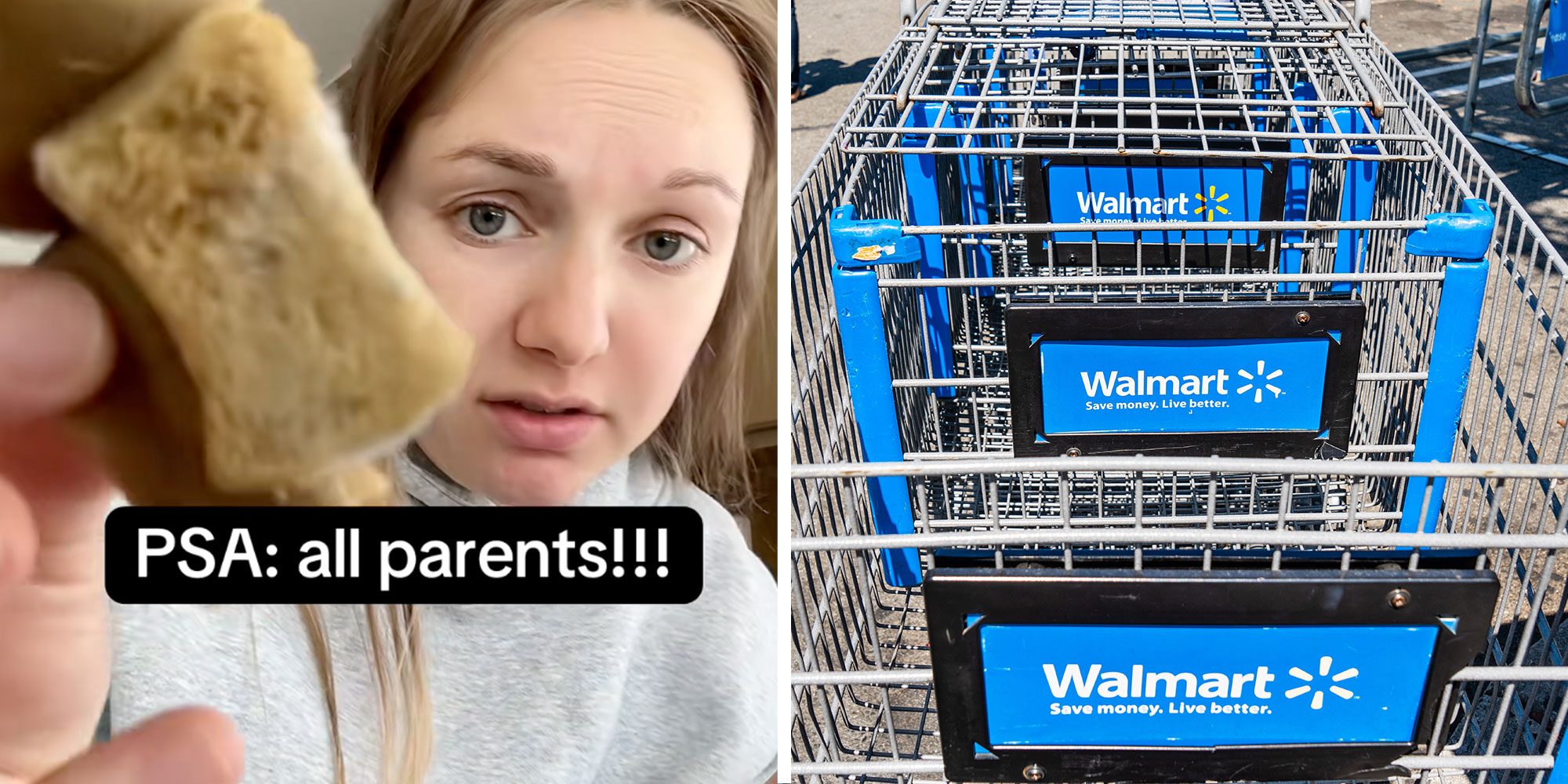 Screenshot of Tiktok user @dailydealdrop1 with the caption: "PSA: all parents!!!"; Photo of Walmart shopping carts.