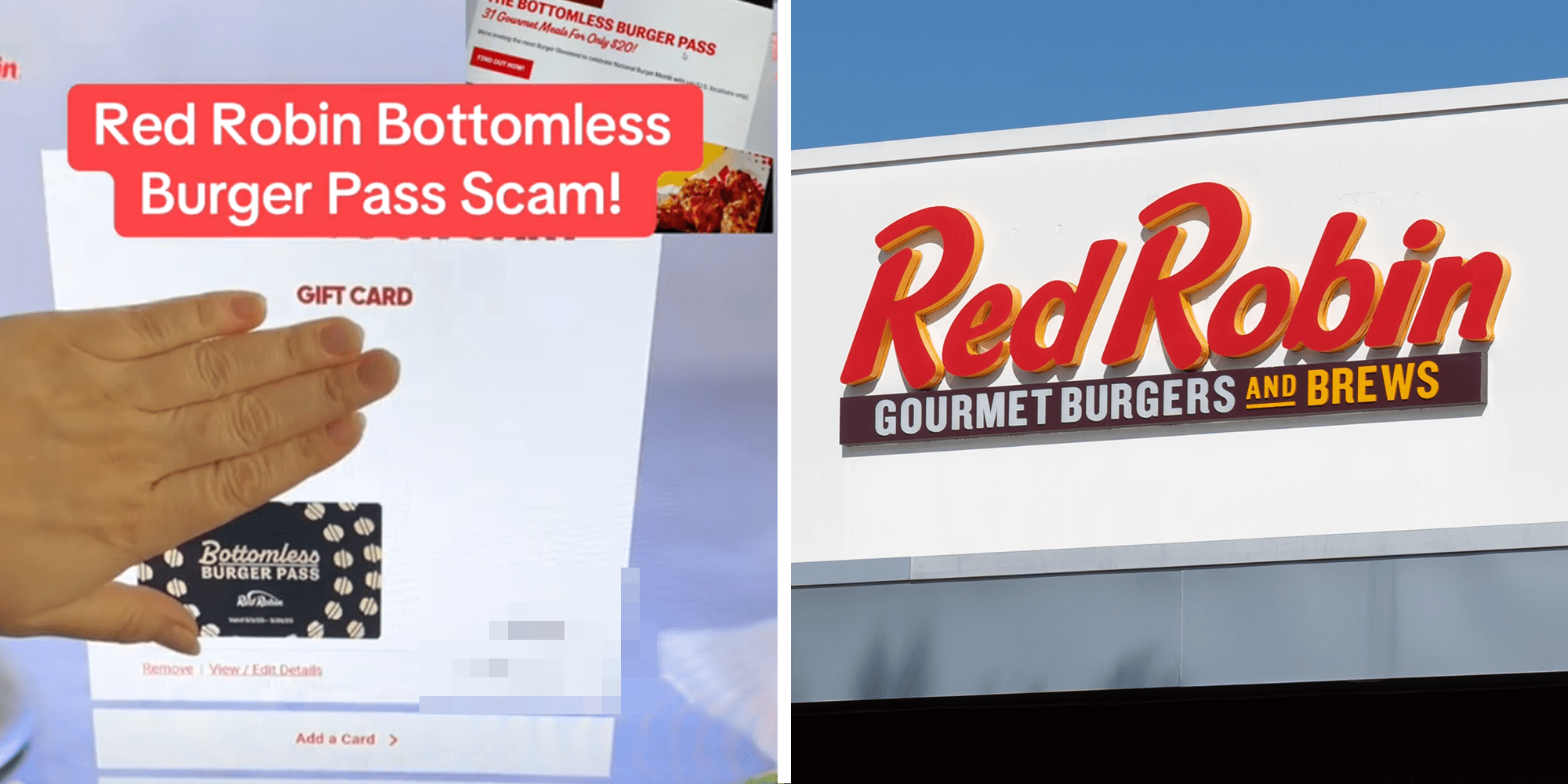 2 image split. Computer screen with blurred price and caption that reads: "Red Robin Bottomless Burger Pass Scam!" on left. Red Robin on right.