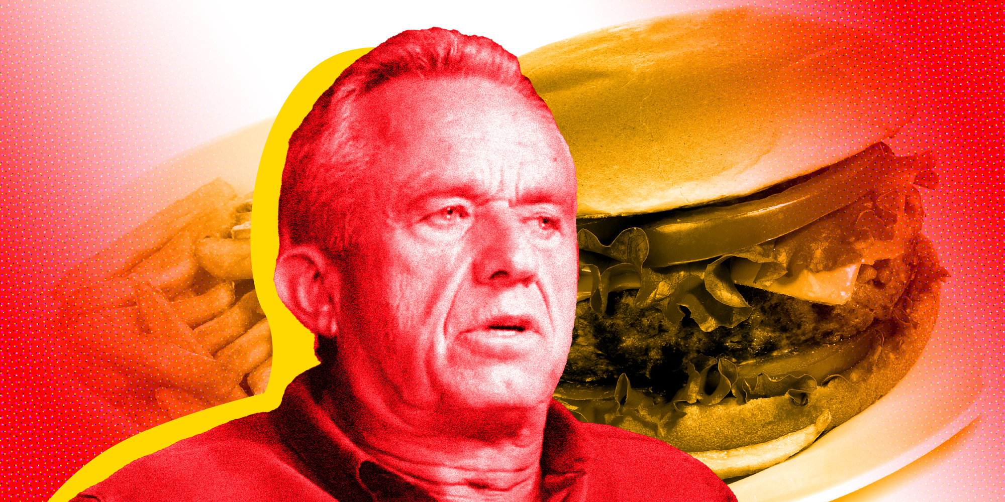 photo collage of RFK Jr. in front of a hamburger and fries.