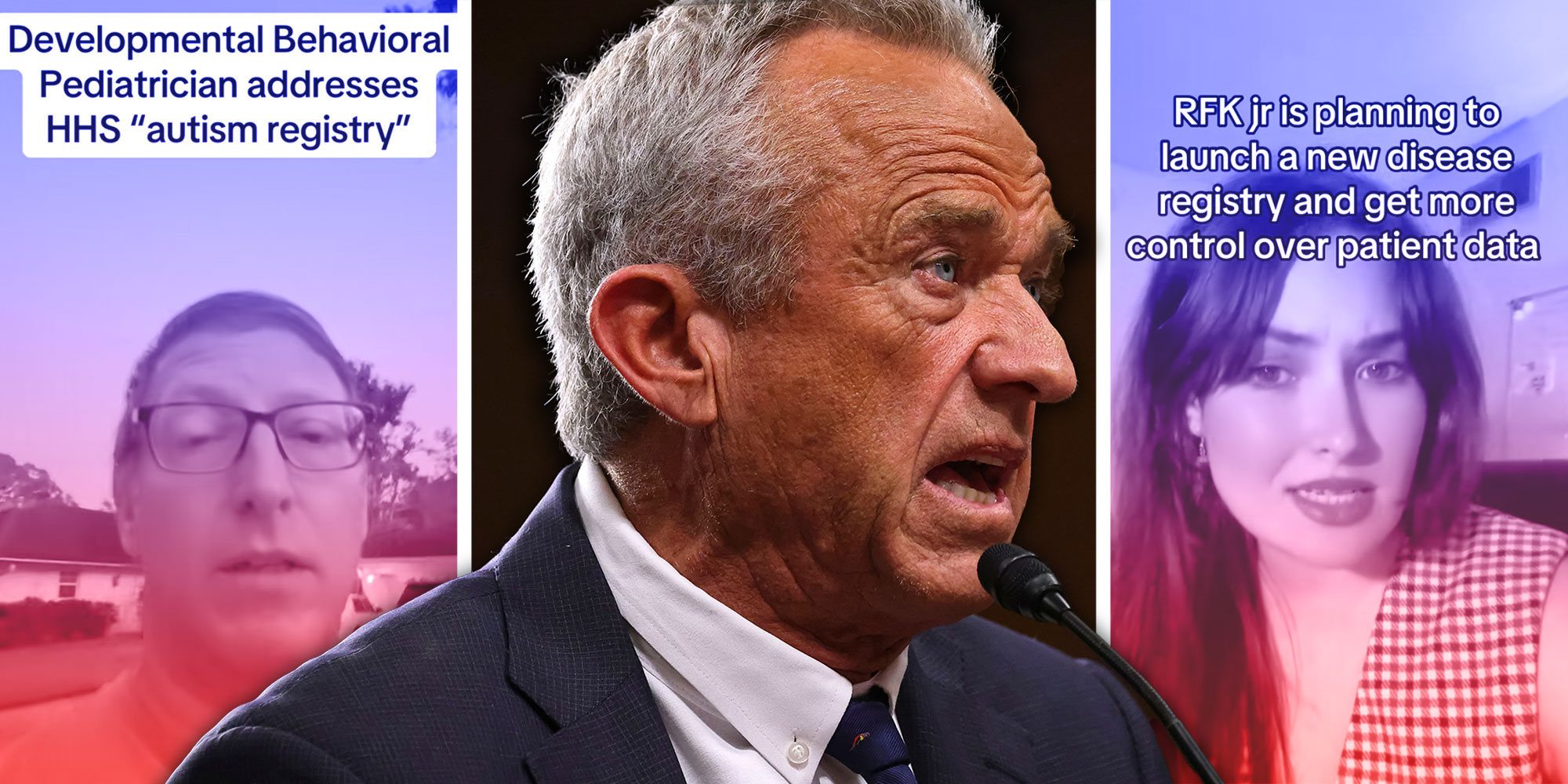 Screenshot of Tiktok user @drjoelshulkin with the caption; "Developmental Behavioral Pediatrician addresses HHS 'autism registry'"; Photo of RFK Jr,; Screenshot of Tiktok user @mindballads with the caption "RFK jr is planning to launch a new disease registry and get more control over patient data.