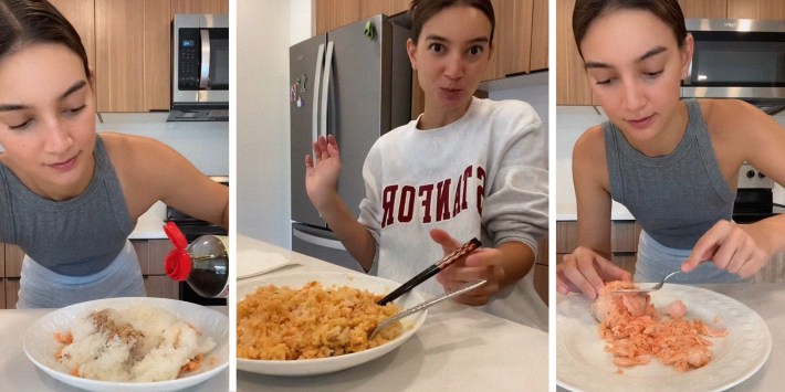 influencer Emily Mariko making salmon rice bowl