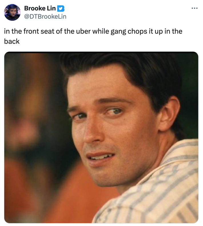 Saxon crying white lotus meme, text reads, "in the front seat of the uber while gang chops it up in the back"