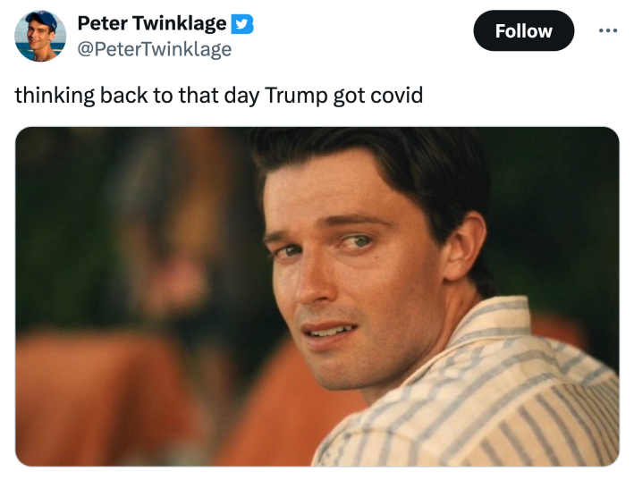 Saxon crying white lotus meme, text reads, "thinking back to that day Trump got covid"