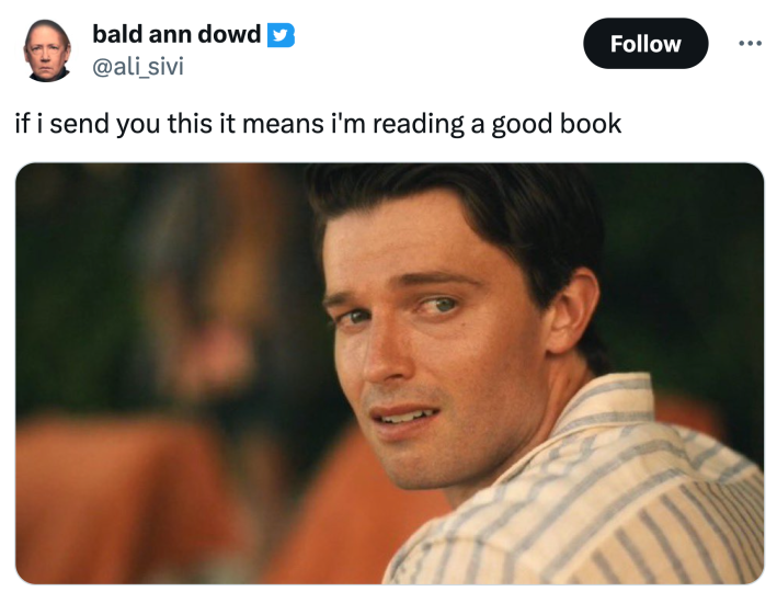 Saxon crying white lotus meme, text reads, "if i send you this it means i'm reading a good book"