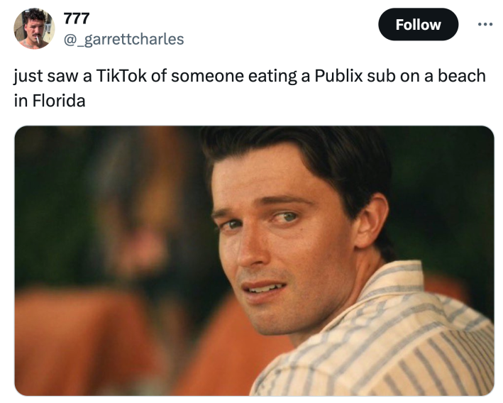 Saxon crying white lotus meme, text reads, "just saw a TikTok of someone eating a Publix sub on a beach in Florida"