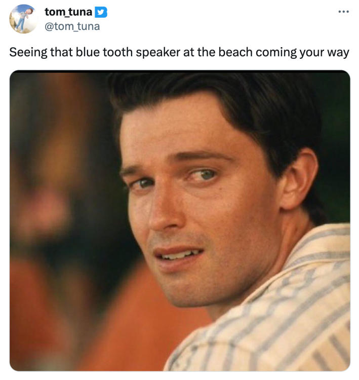 Saxon crying white lotus meme, text reads, "Seeing that blue tooth speaker at the beach coming your way"