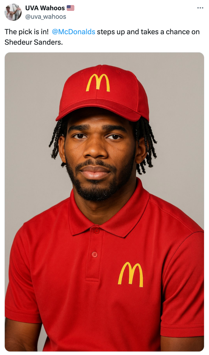 A Twitter meme featuring Sanders in a McDonald’s uniform with the caption: “The pick is in! @McDonalds steps up and takes a chance on Shedeur Sanders.”