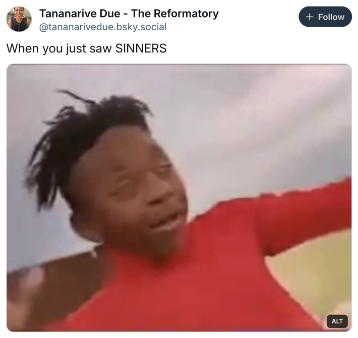 Post that reads, "When you just saw SINNERS" with an image of a young Black man getting blown away by wind.