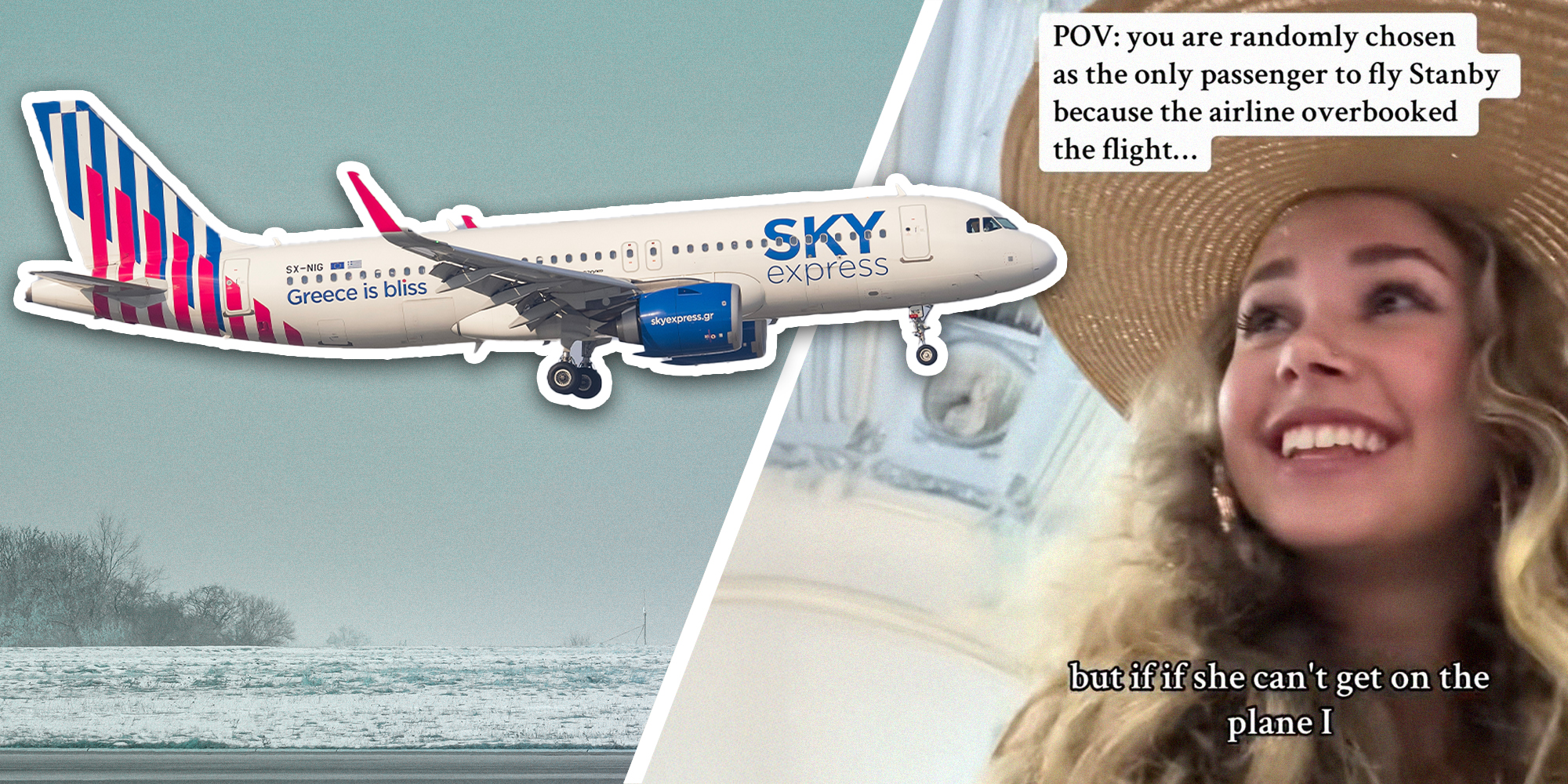 Sky Express Airline Plane cutout(r) Woman smiling sharing issues with her airline flight(r)