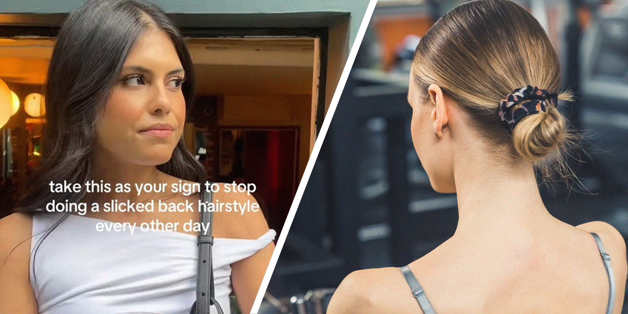 woman shares reason not to use slick backed bun(l) Woman with slicked back bun hairstyle(r)