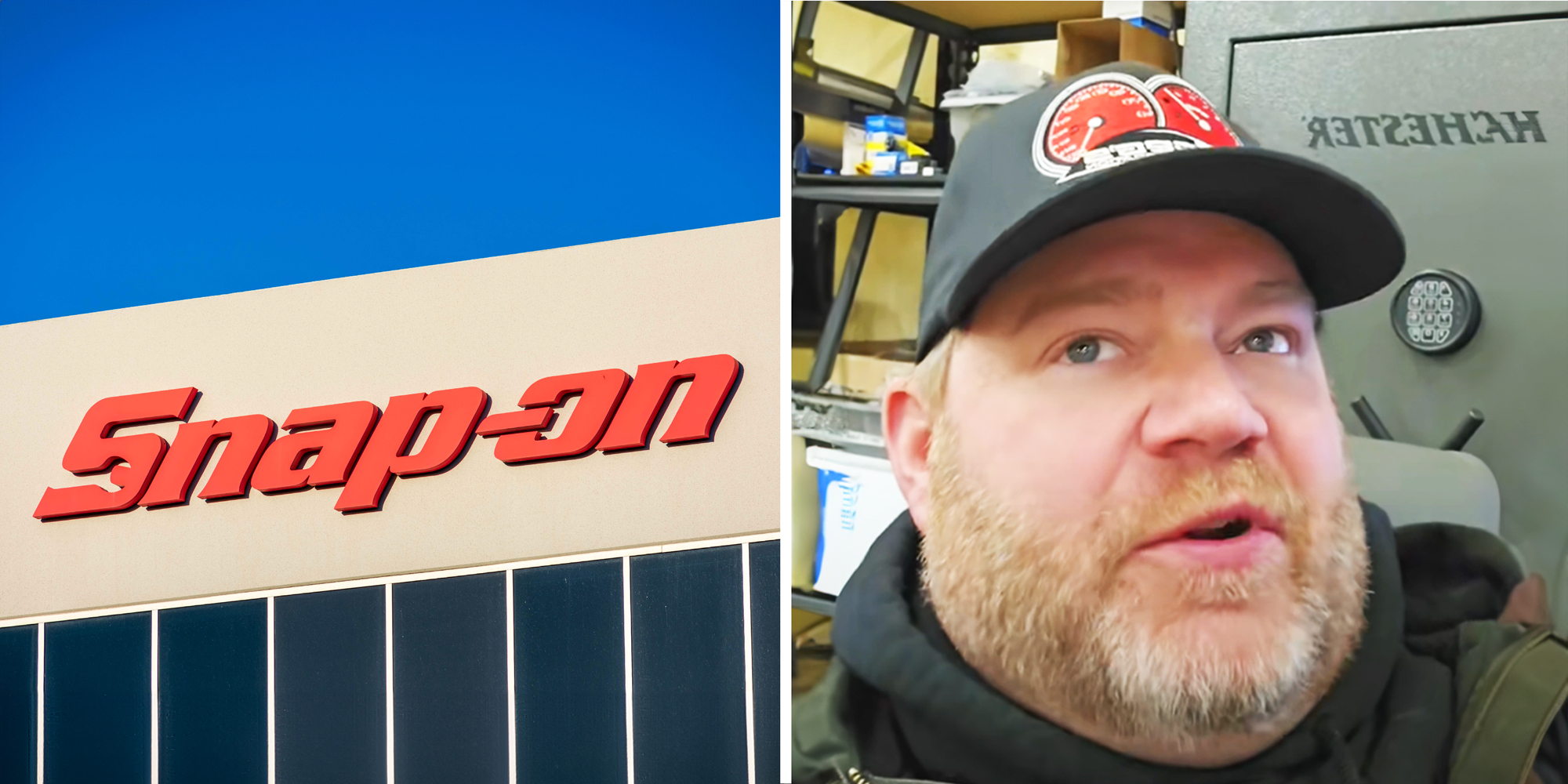 2 panel image. On the left is the exterior of a Snap-on buildiing. On the right a person explains.