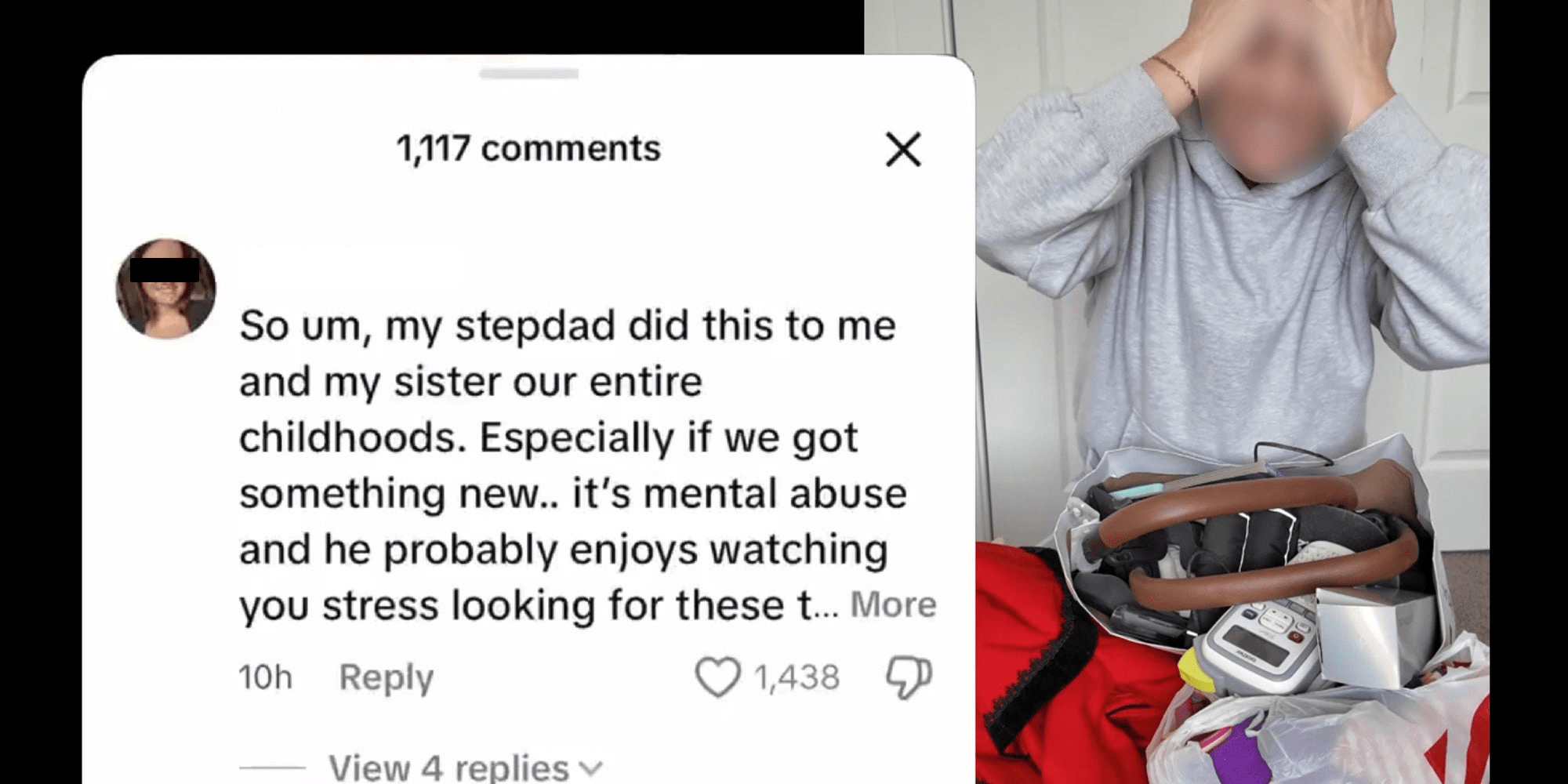 2 panel image: a person frustrated looking at a storage bin overlaid with a comment.