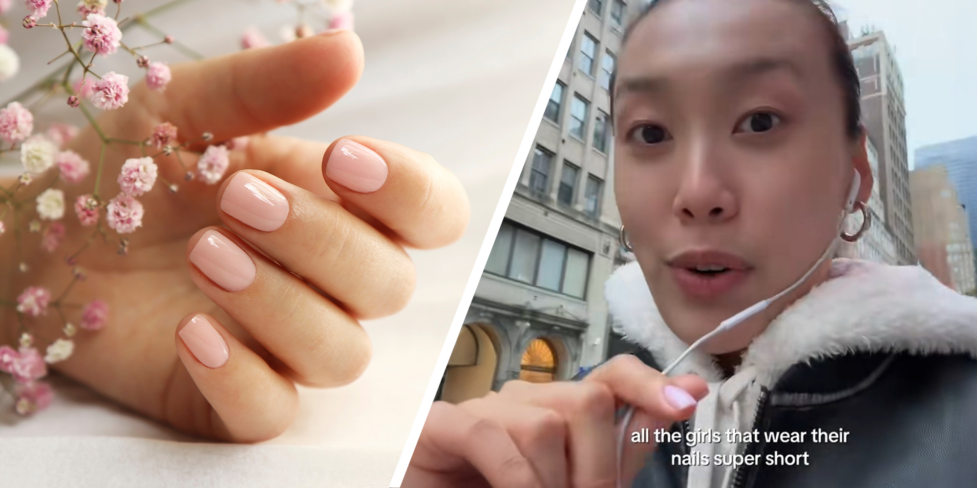 Light pink manicure on short nails with Gypsophila(l) Woman shares Short Nail Theory(r)