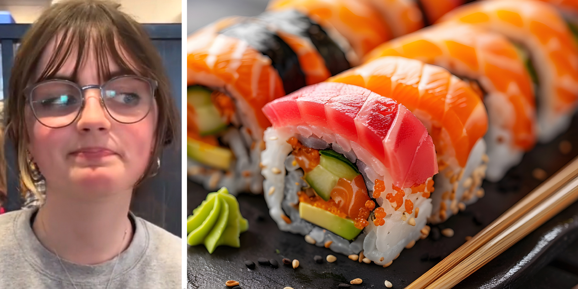 2 panel image: a person looking disappointed and sushi roll.