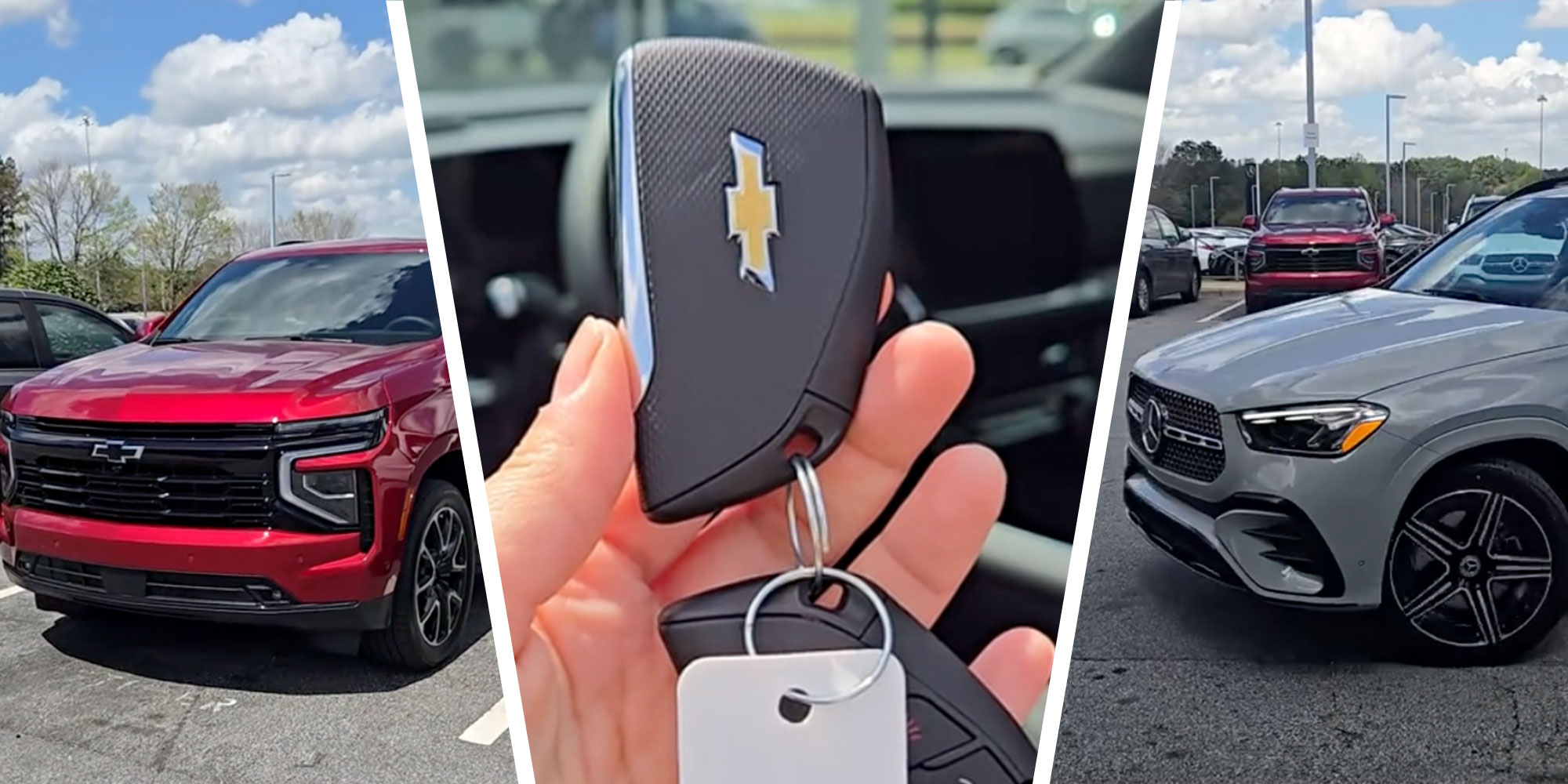 Screenshots from Tiktok user @benzblogger of a Tahoe, the keys to a Tahoe, and a Mercedes.