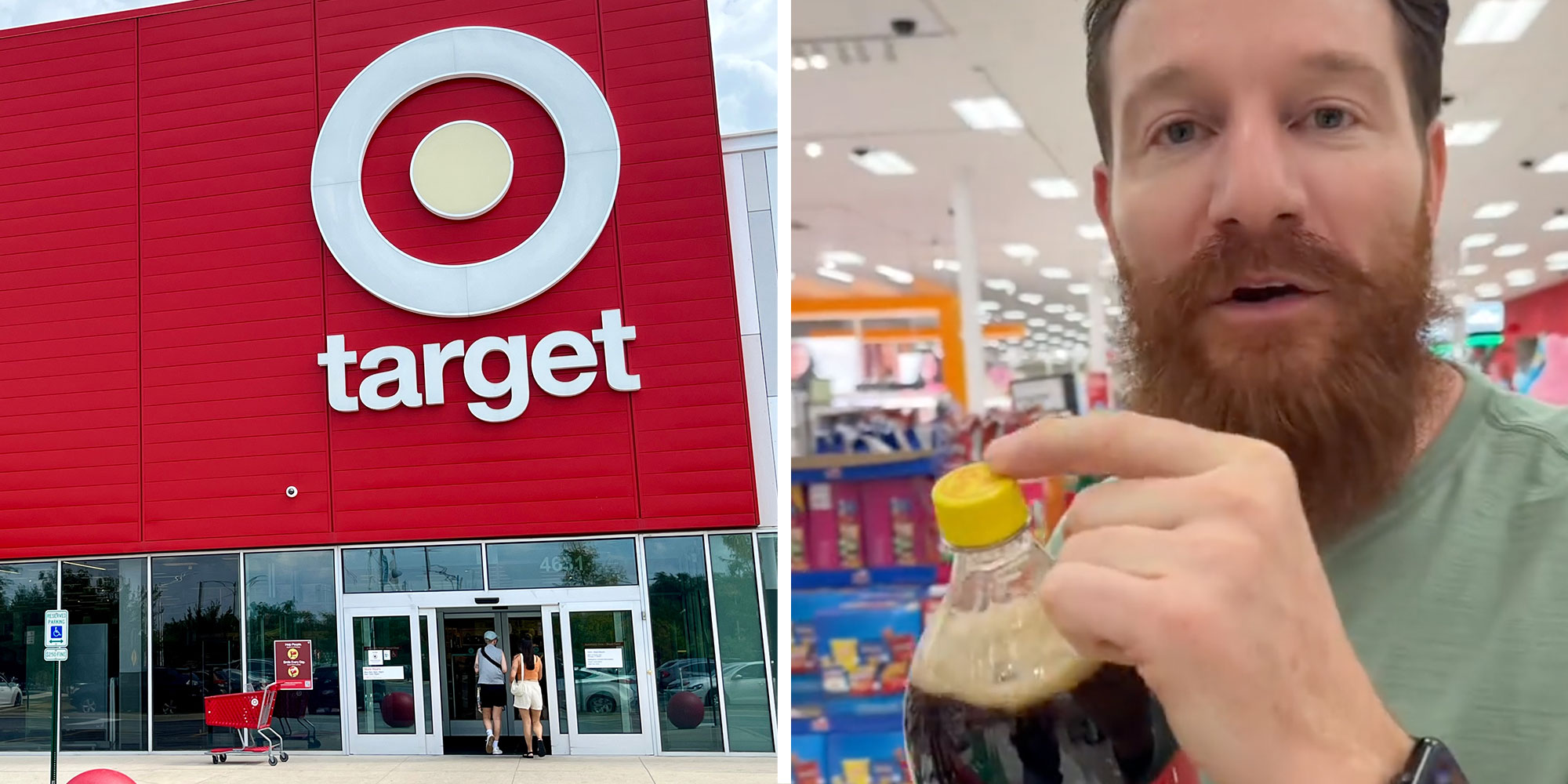 2 image split. Target store, Man with yellow coca-cola cap