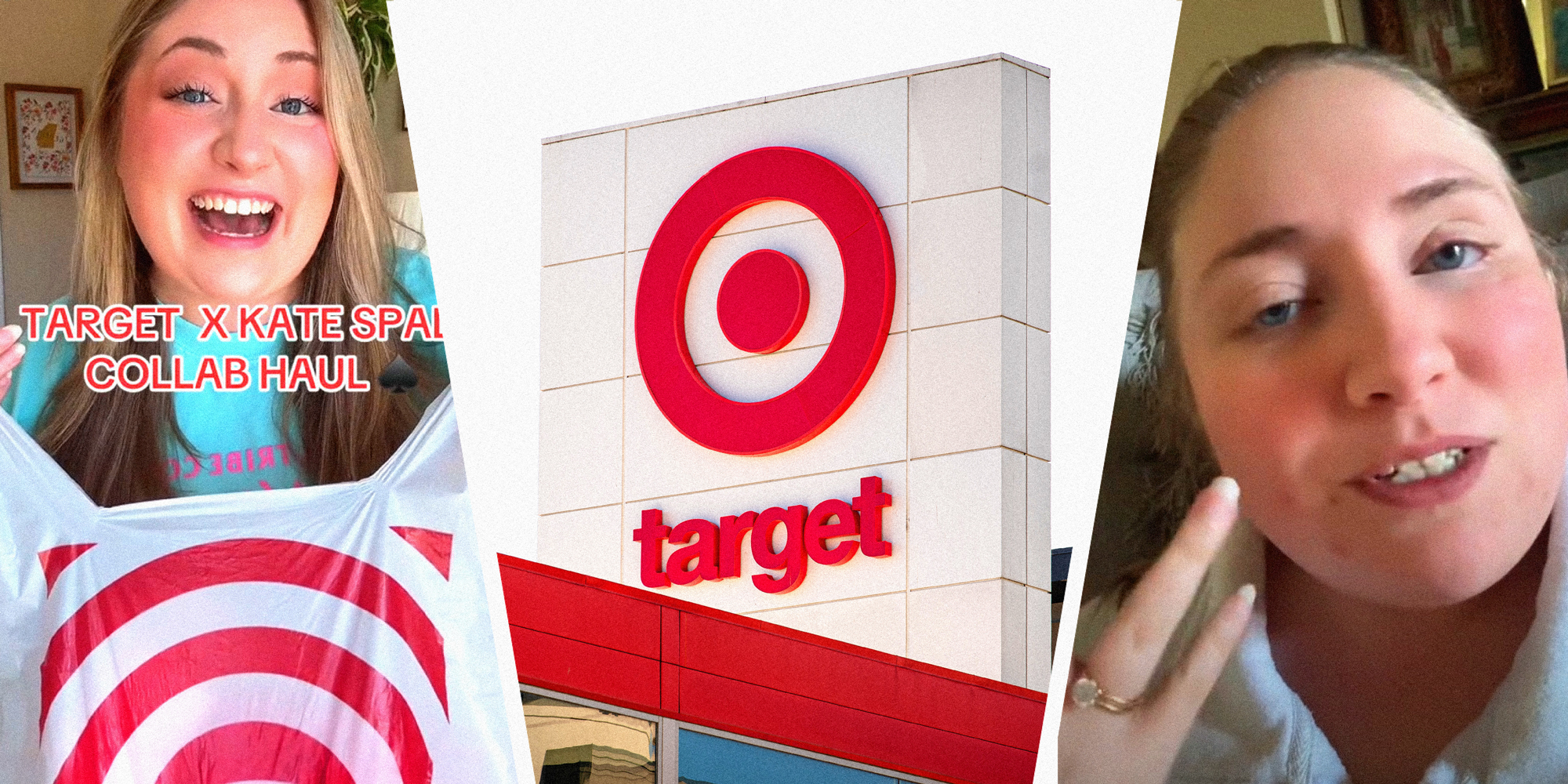 3 panel image: a person explains on the side and in the middle is the exterior of a Target store.