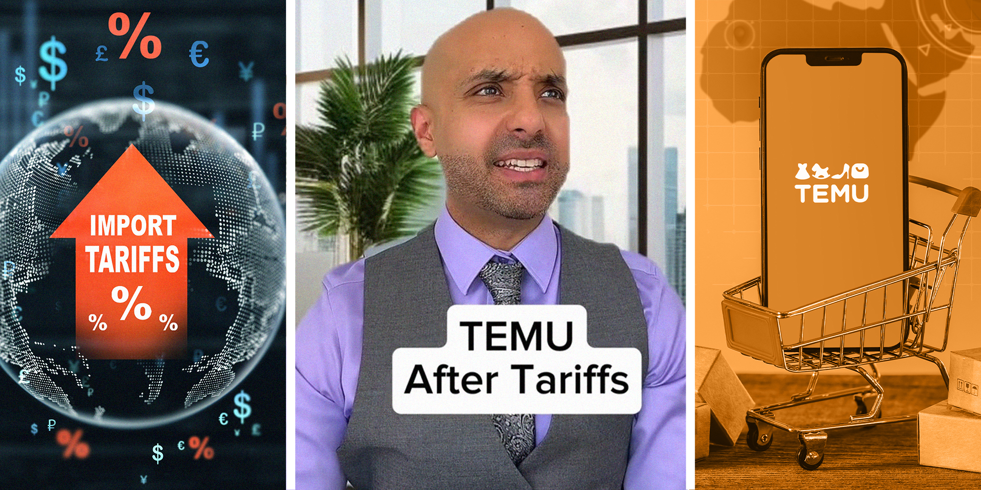 Icon of arrow pointing up(l) Man looking shocked(c) Temu Cart(r)