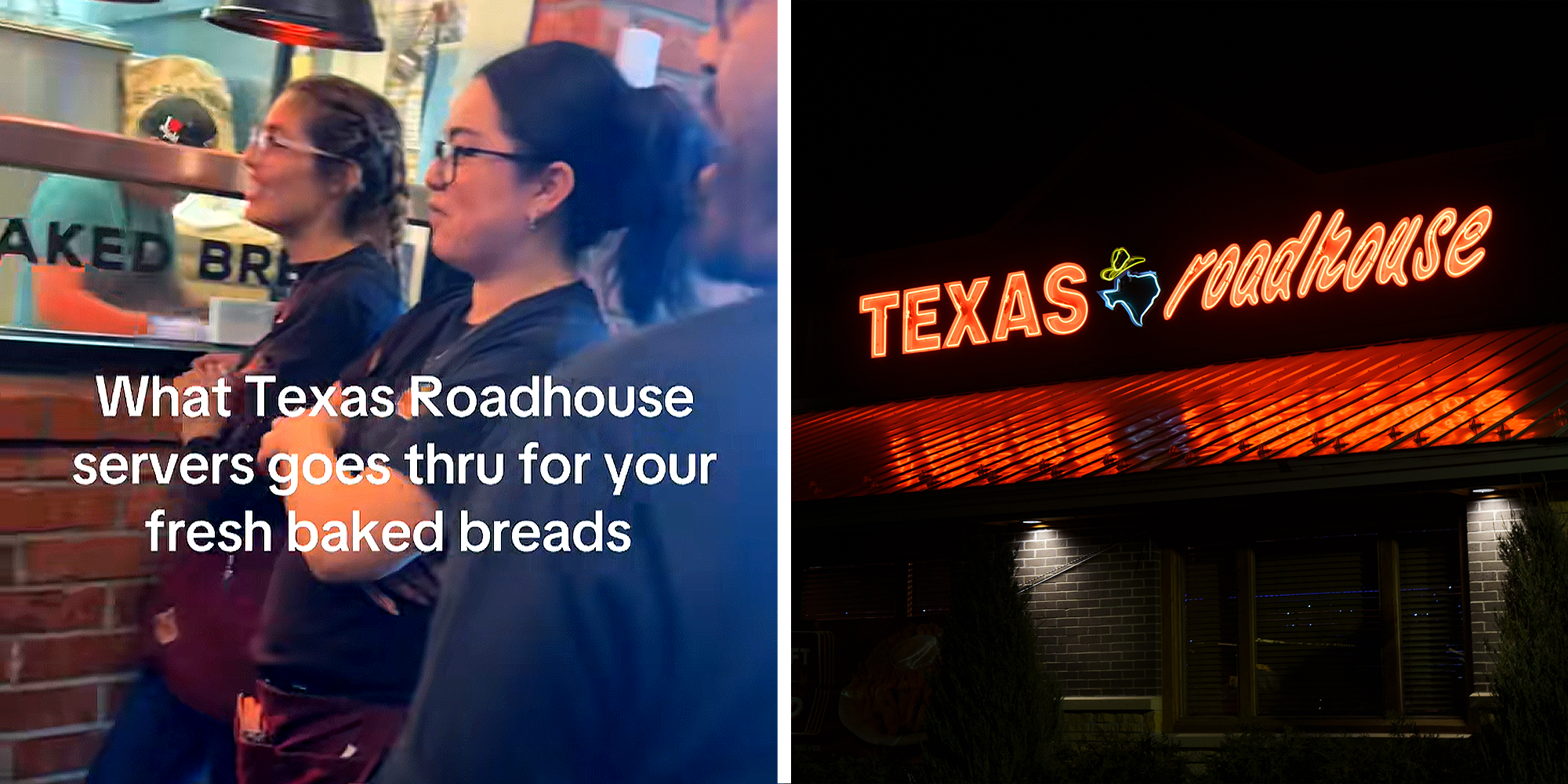 2 panel image. Customers in line for bread with caption that reads: "What Texas Roadhouse servers goes through for your fresh baked breads" on left. Texas Roadhouse restaurant on right.