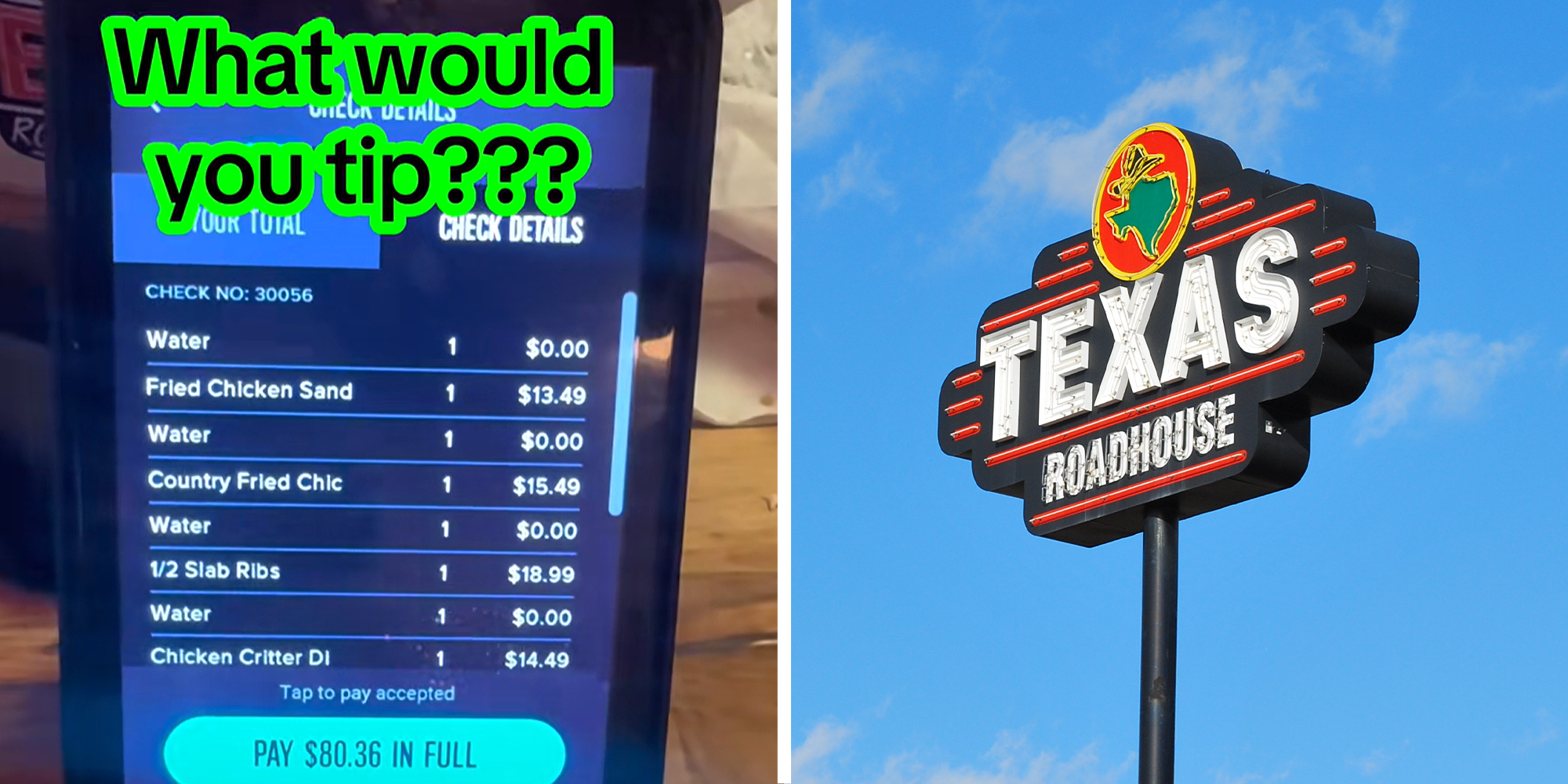 2 panel image. Digital checkout details at Texas Roadhouse with caption that reads: "What would you tip???" on left. Texas Roadhouse sign on right.