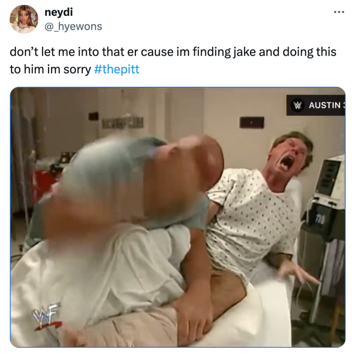 Tweet that reads, "don’t let me into that er cause im finding jake and doing this to him im sorry" with a video of a doctor beating up a male patient.