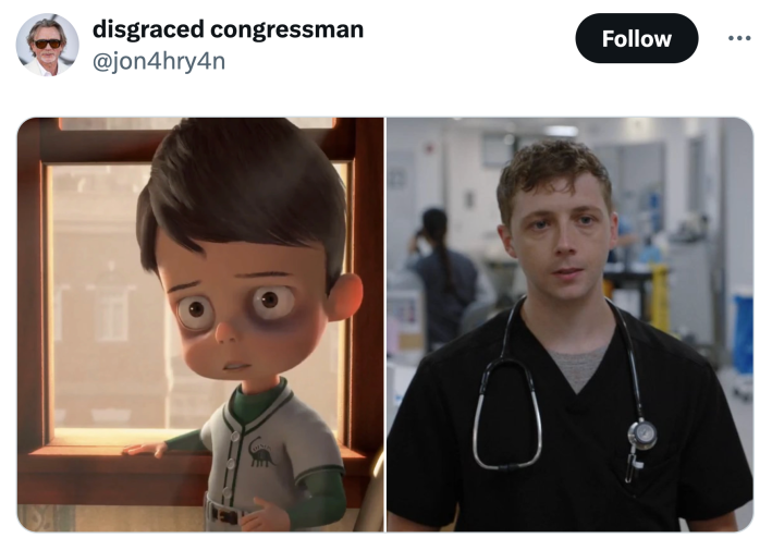 Exhausted looking animated boy screenshot next to an exhausted looking The Pitt character.