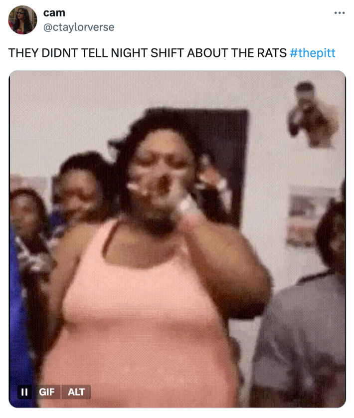 Tweet that reads, "THEY DIDNT TELL NIGHT SHIFT ABOUT THE RATS" with a GIF of a woman laughing into her hand.