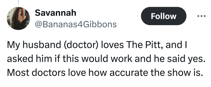 Tweet that says, "My husband (doctor) loves The Pitt, and I asked him if this would work and he said yes. Most doctors love how accurate the show is."