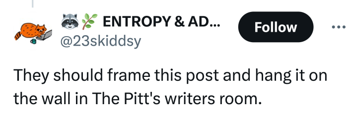 Tweet that says, "They should frame this post and hang it on the wall in The Pitt's writers room."