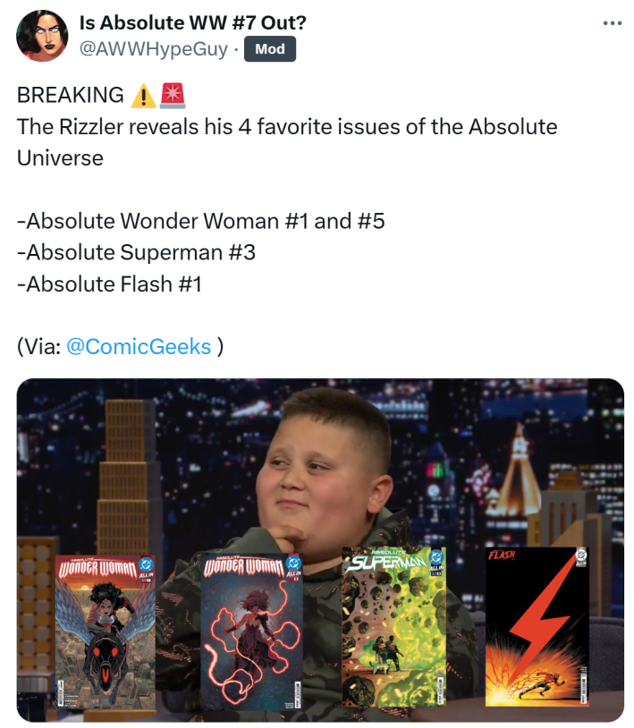 The Rizzler reveals his 4 favorite issues of the Absolute Universe meme.