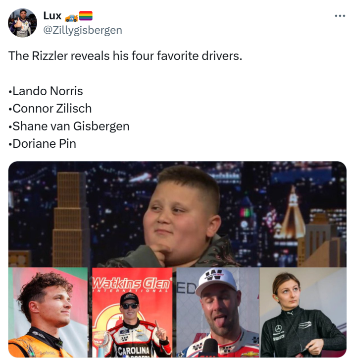 The Rizzler reveals his four favorite drivers meme.